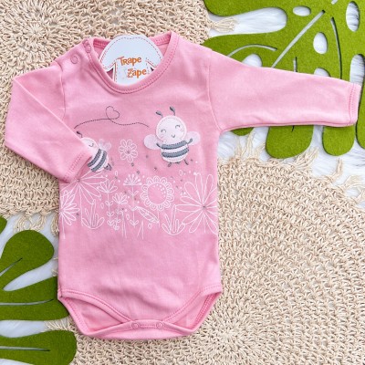 Kit 3 Peças - Bodys Manga Longa Abelha Fofa com Tule - Rosa, Off White e Rose